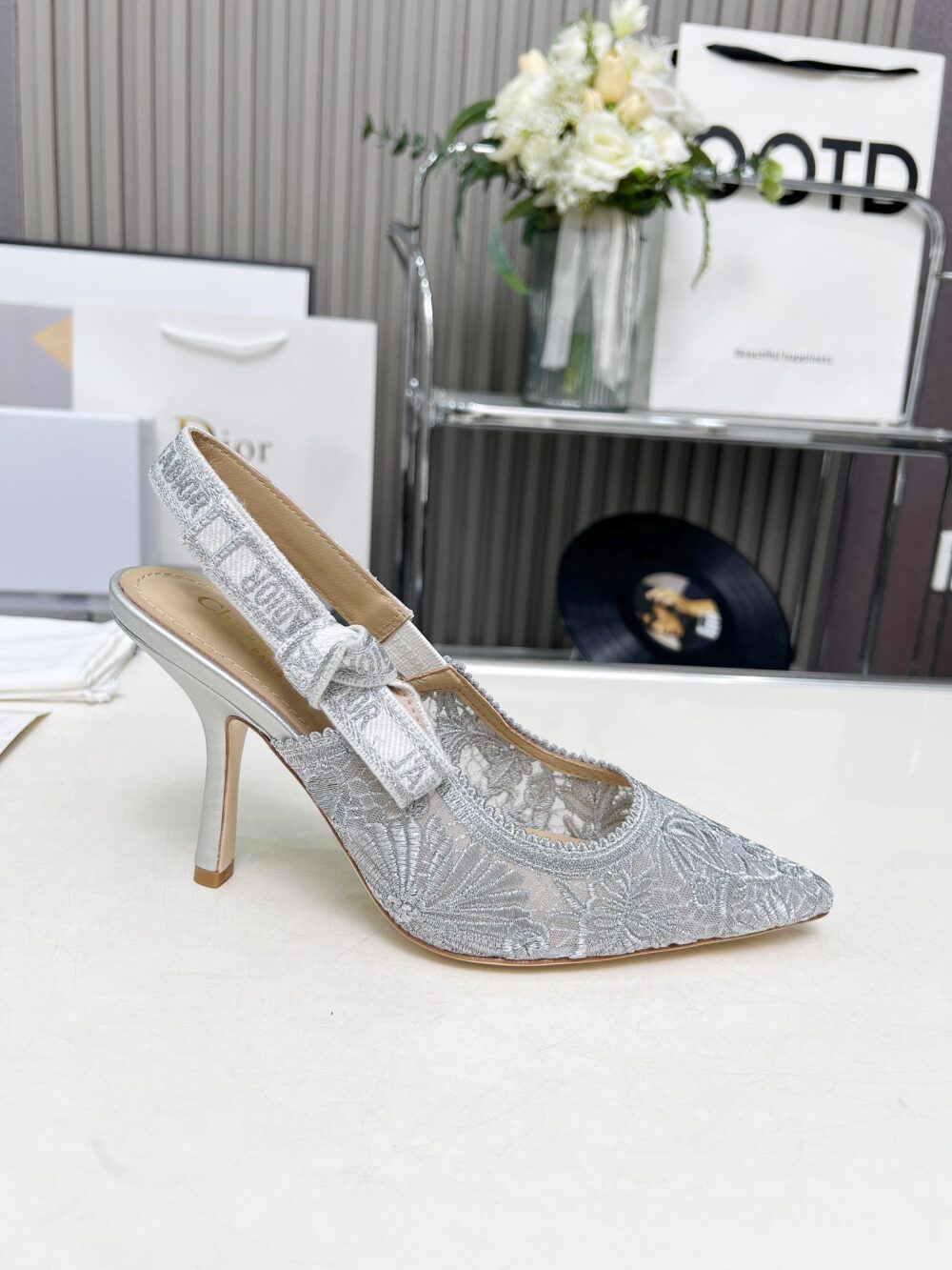 DIOR J'ADIOR SLINGBACK PUMP TRANSPARENT MESH EMBROIDERED IN GREY - Image 7