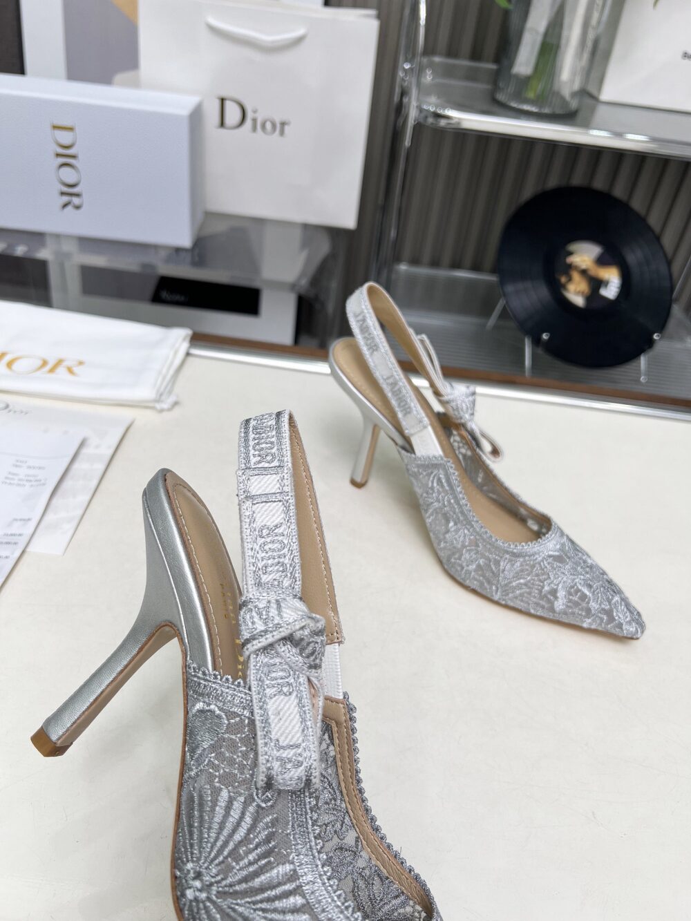 DIOR J'ADIOR SLINGBACK PUMP TRANSPARENT MESH EMBROIDERED IN GREY - Image 6