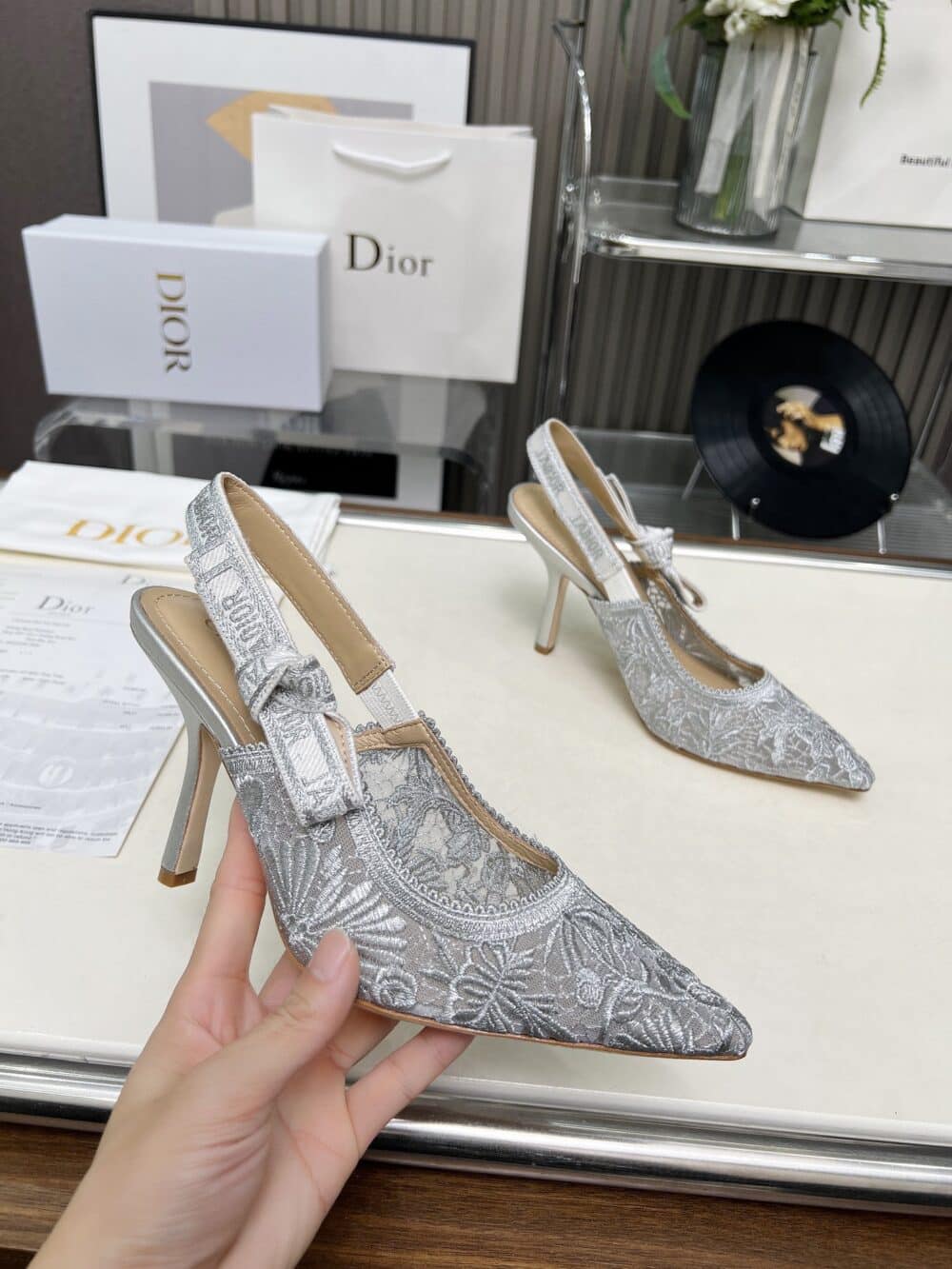 DIOR J'ADIOR SLINGBACK PUMP TRANSPARENT MESH EMBROIDERED IN GREY - Image 5