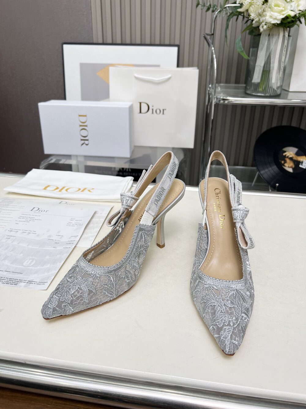 DIOR J'ADIOR SLINGBACK PUMP TRANSPARENT MESH EMBROIDERED IN GREY - Image 4