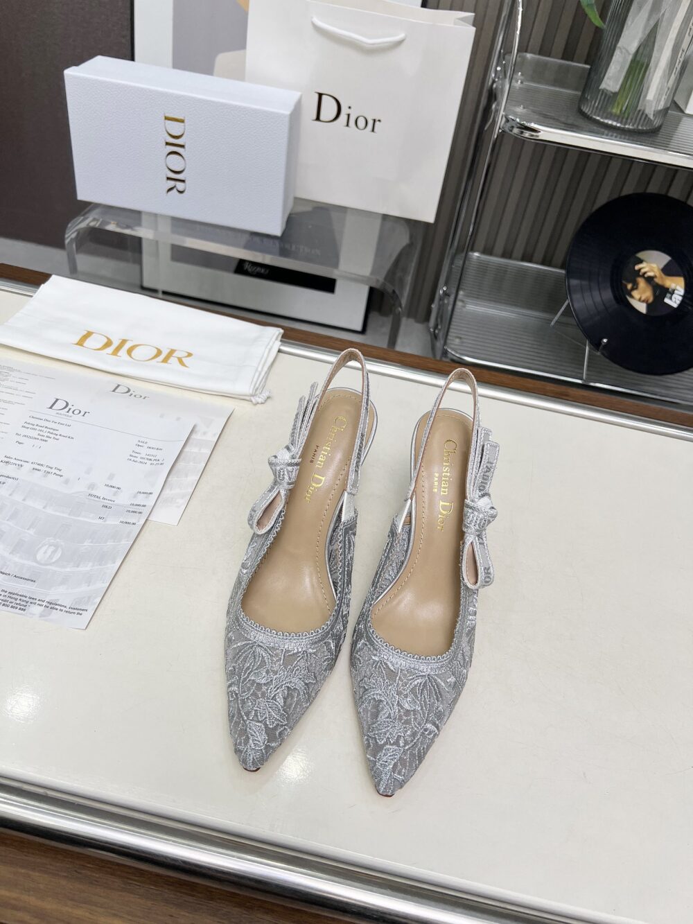 DIOR J'ADIOR SLINGBACK PUMP TRANSPARENT MESH EMBROIDERED IN GREY - Image 3