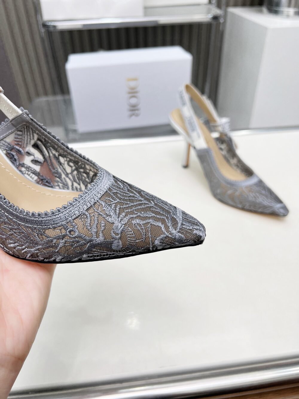 DIOR J'ADIOR SLINGBACK PUMP TRANSPARENT MESH EMBROIDERED IN SILVER TONE KCV039CXM S59K - Image 7