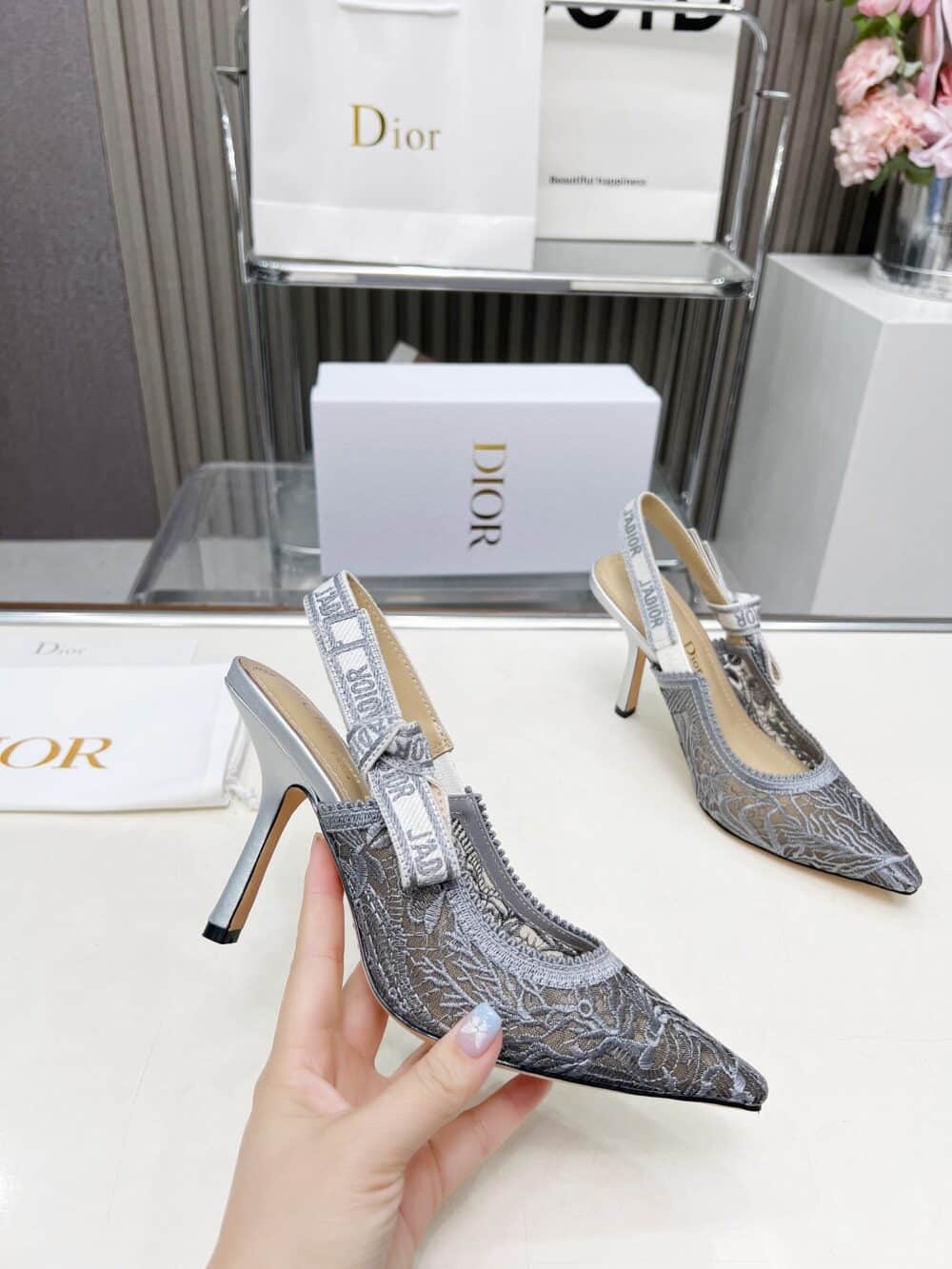 DIOR J'ADIOR SLINGBACK PUMP TRANSPARENT MESH EMBROIDERED IN SILVER TONE KCV039CXM S59K - Image 5