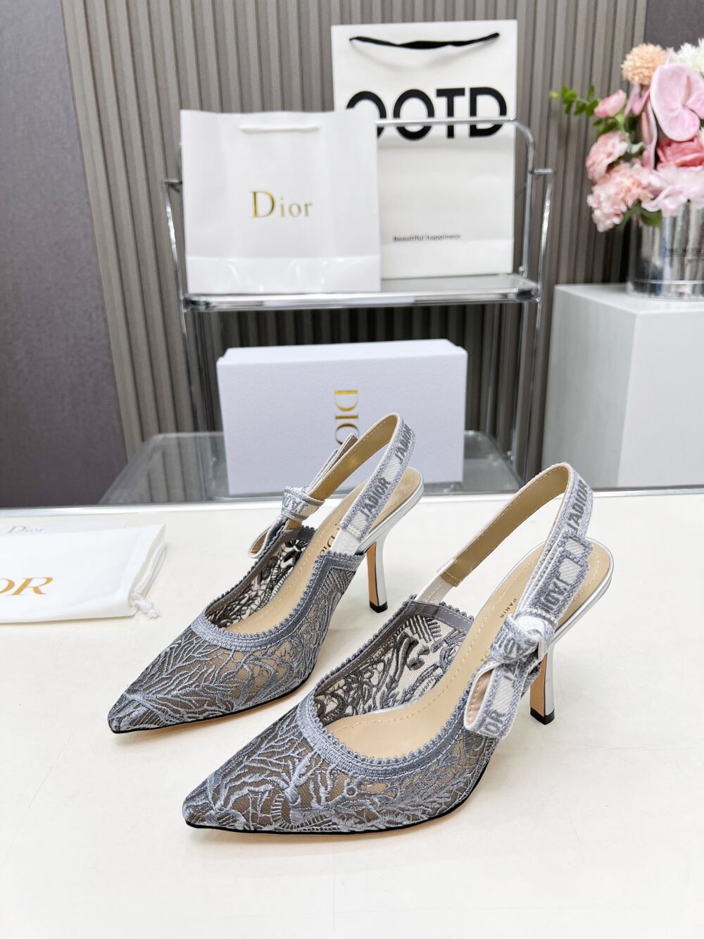 DIOR J'ADIOR SLINGBACK PUMP TRANSPARENT MESH EMBROIDERED IN SILVER TONE KCV039CXM S59K - Image 4