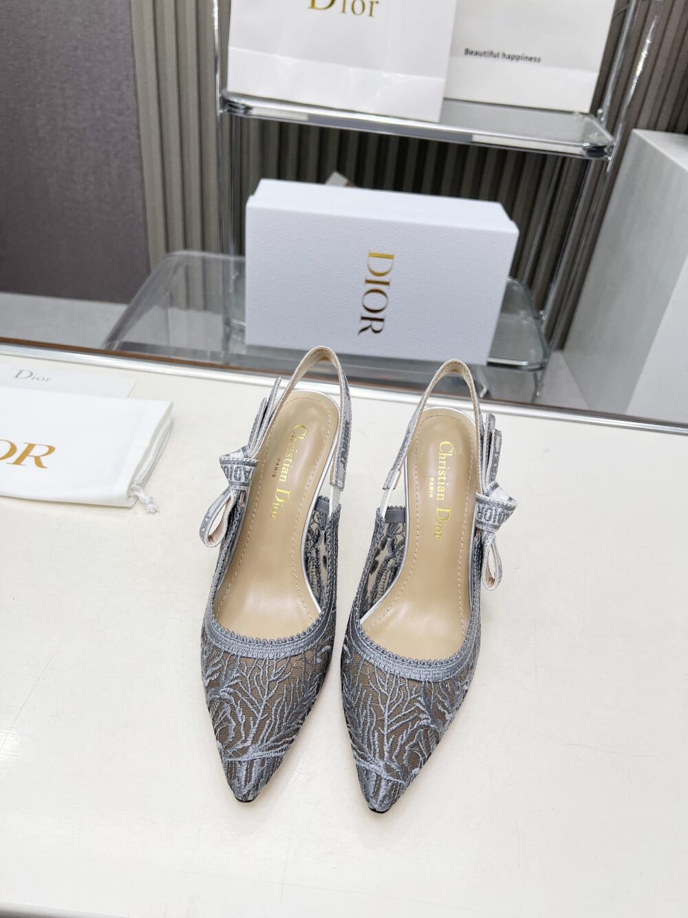 DIOR J'ADIOR SLINGBACK PUMP TRANSPARENT MESH EMBROIDERED IN SILVER TONE KCV039CXM S59K - Image 3