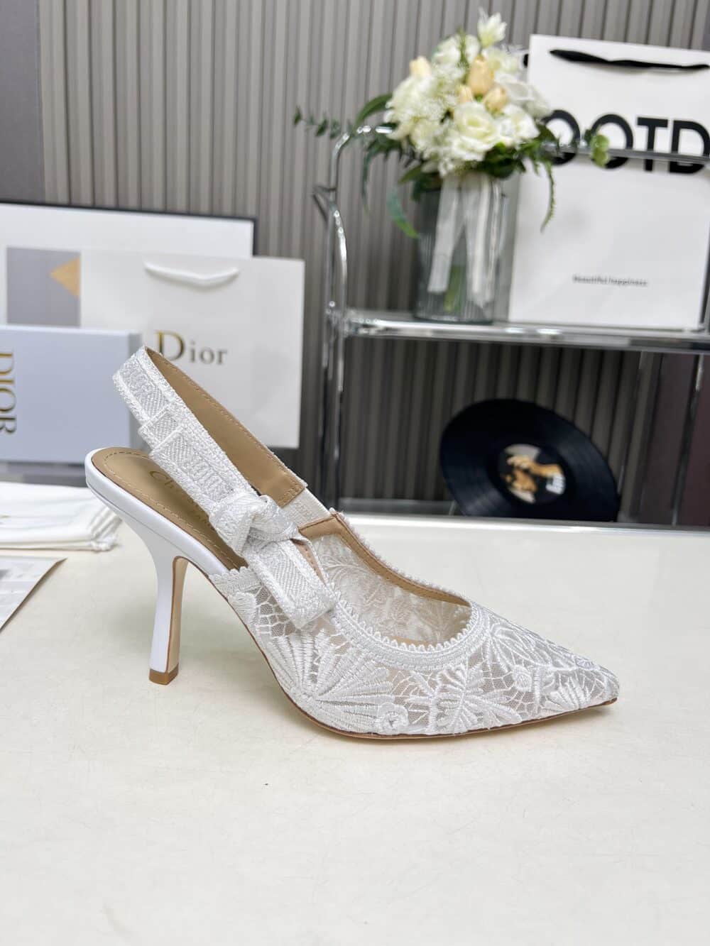 DIOR J'ADIOR SLINGBACK PUMP TRANSPARENT MESH EMBROIDERED IN WHITE - Image 6