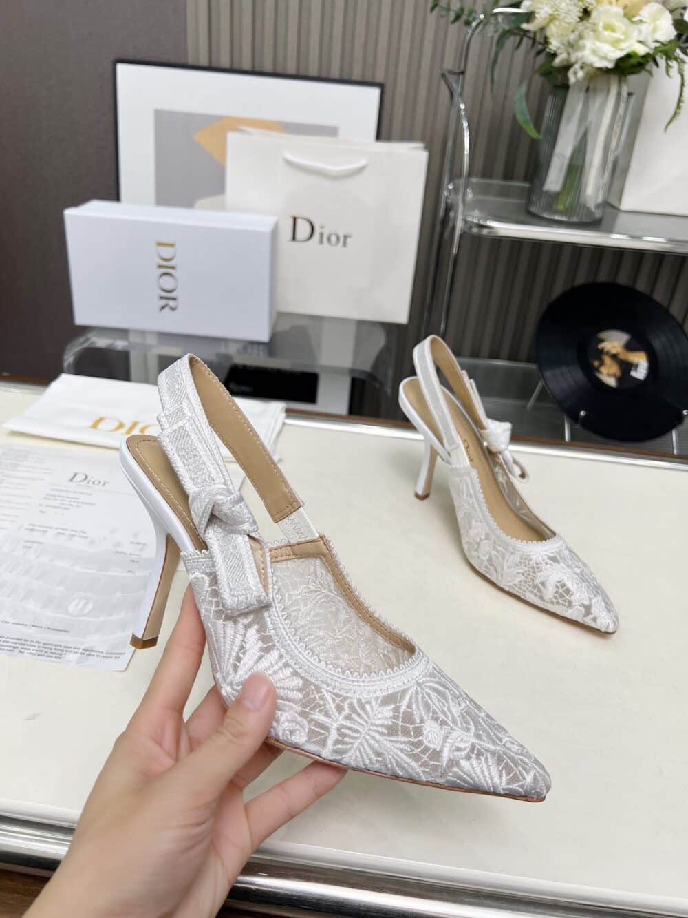 DIOR J'ADIOR SLINGBACK PUMP TRANSPARENT MESH EMBROIDERED IN WHITE - Image 4