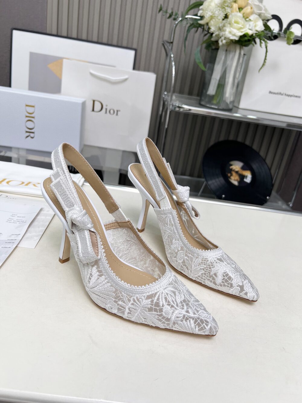 DIOR J'ADIOR SLINGBACK PUMP TRANSPARENT MESH EMBROIDERED IN WHITE - Image 3