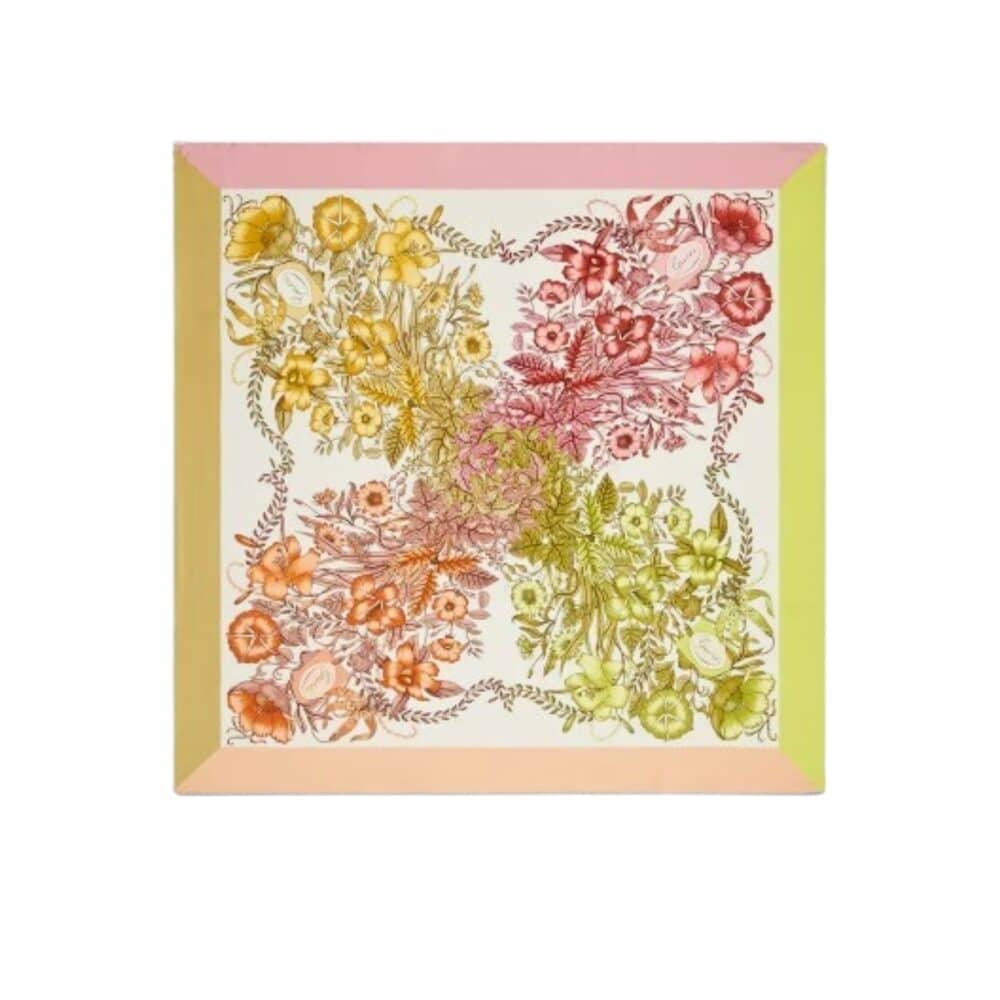 GUCCI FLORAL PRINT SILK SQUARE SCARF IN PINK AND YELLOW 90CM