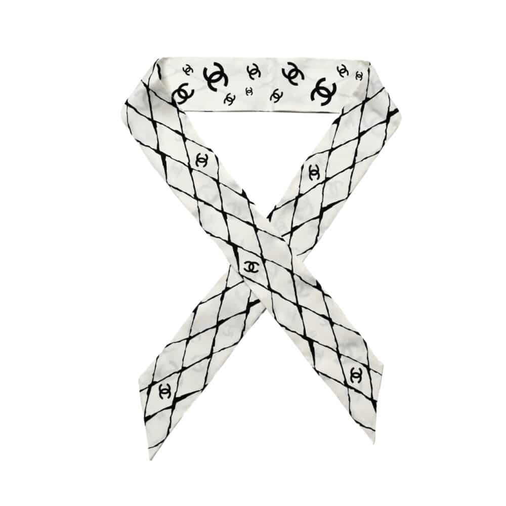 CHANEL SILK CC SLIM BANDEAU SCARF WHITE 120CM