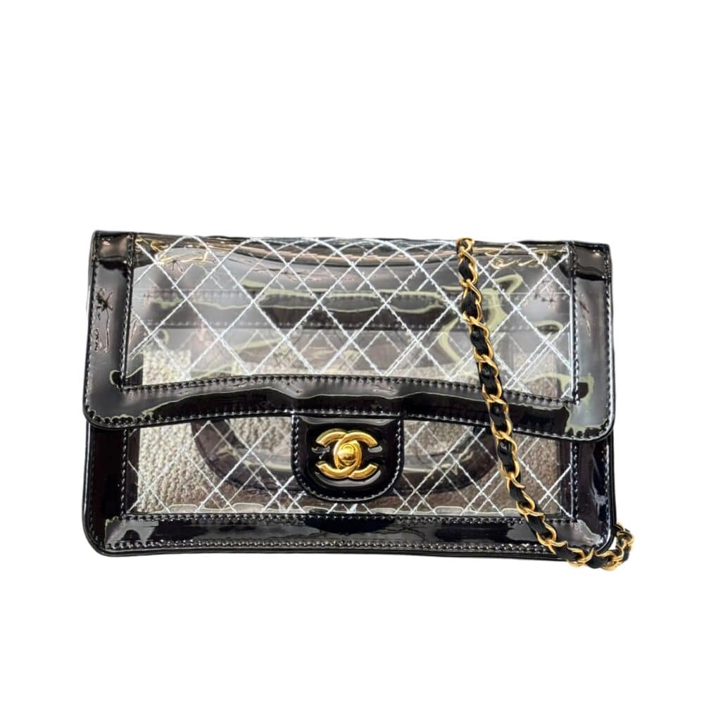 CHANEL FLAP BAG CLEAR VINYL AND LEATHER BLACK 26CM