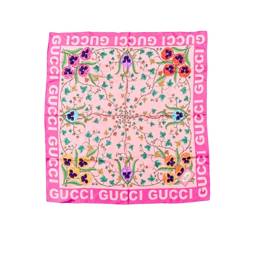 GUCCI FLORAL PRINT SILK SCARF IN IVORY IN PINK 90CM