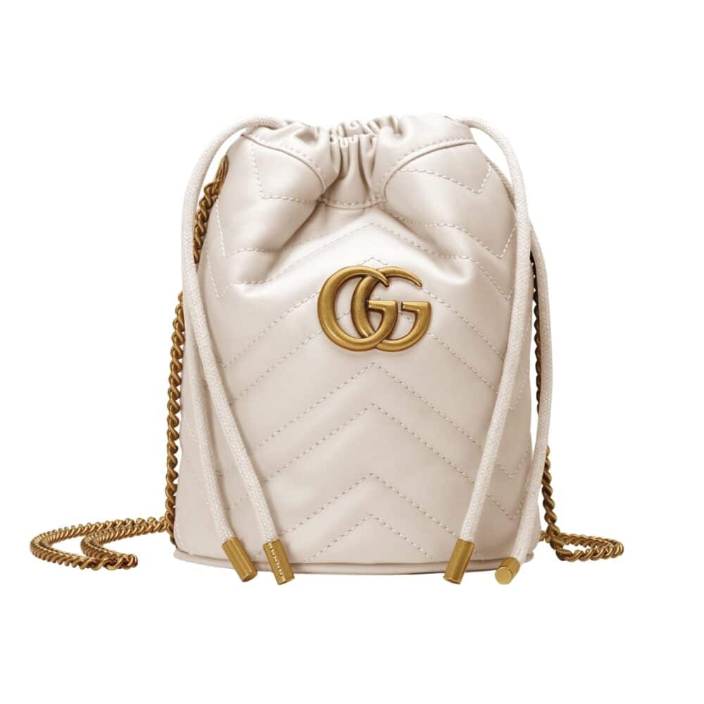 GUCCI GG MARMONT MINI BUCKET BAG WHITE MATELASSÉ CHEVRON 12CM 575163 DTDRT 9022