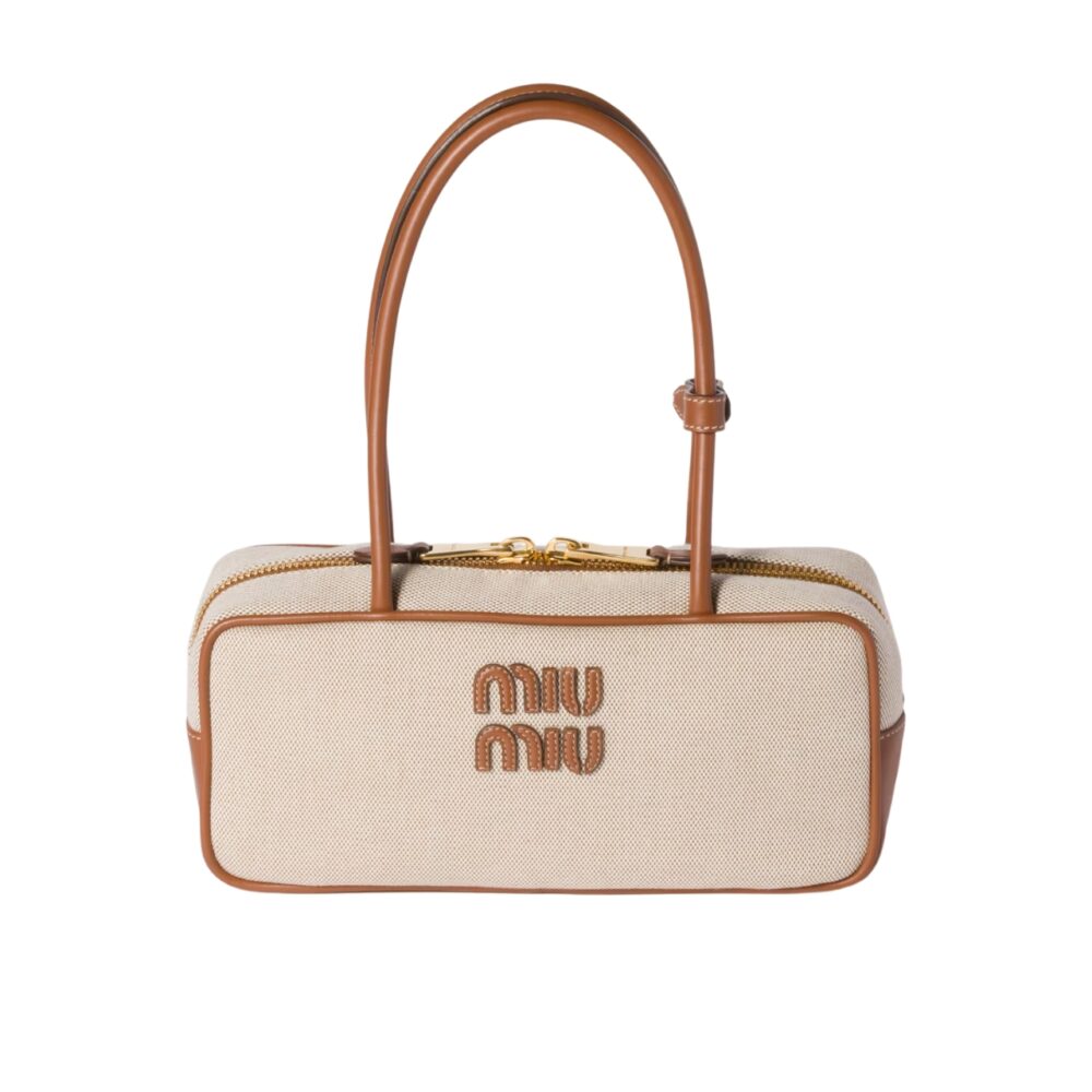 MIUMIU BEAU CANVAS BAG BEIGE AND BRANDY 28CM 5BB173 ACRN F062F V OWM