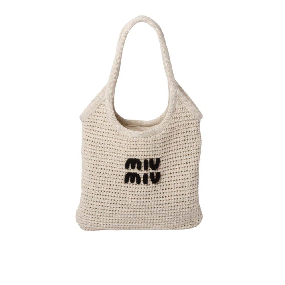 MIUMIU RAFFIA EFFECT YARN AND COTTON TOTE BAG CHALK WHITE AND BLACK 36CM 5BG231 2CQY F0N13 V MRO