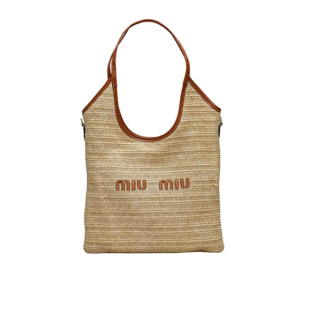 MIU MIU IVY STRAW BAG PREMIUM BROWN 34CM