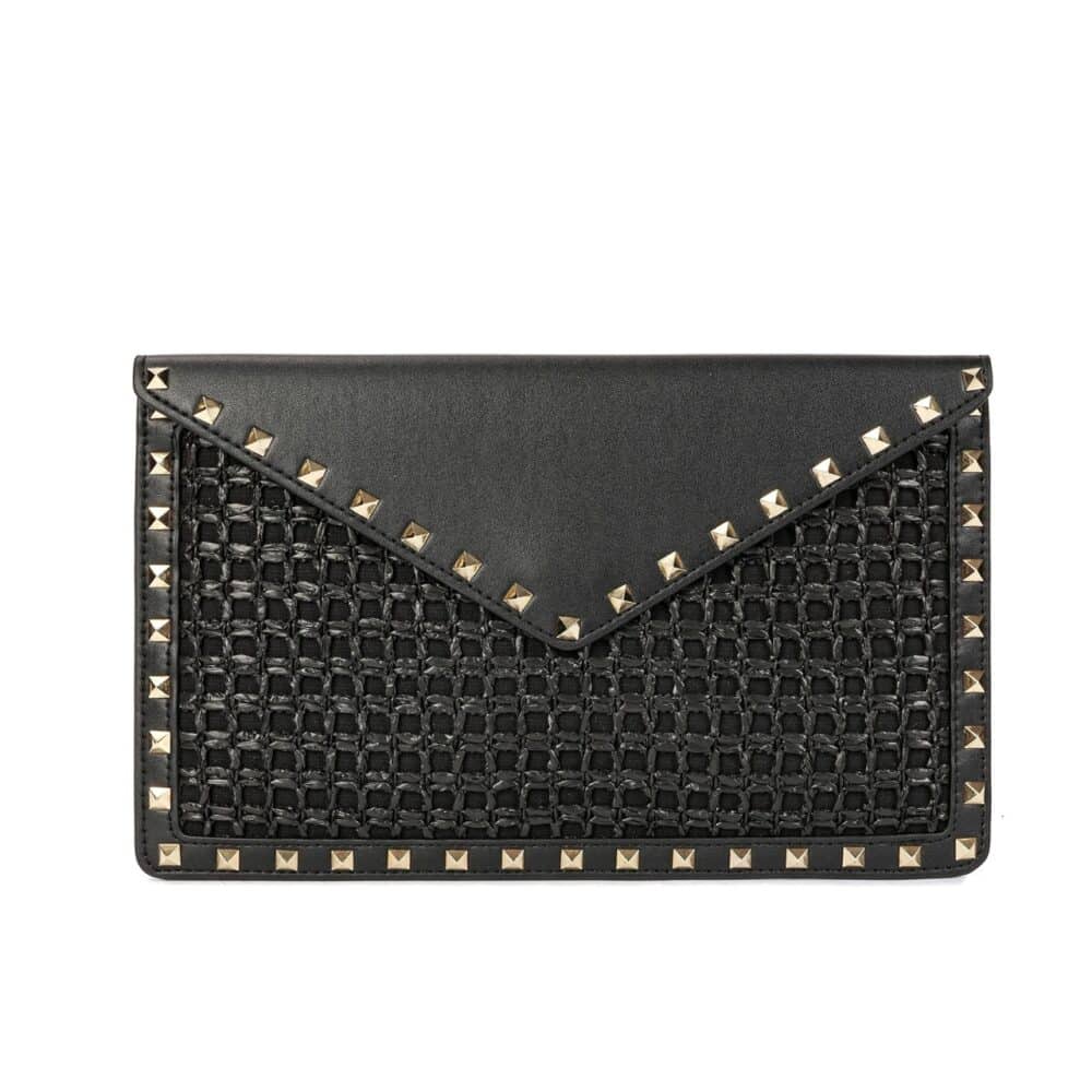 VALENTINO GARAVANI ROCKSTUD RAFFIA CLUTCH BAG IN BLACK 28CM