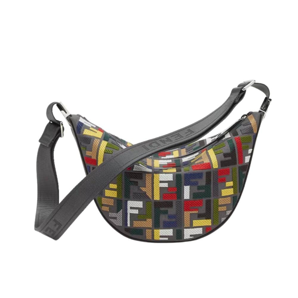 FENDI MELON SMALL CANVAS BAG WITH MULTICOLOUR FF EMBROIDERY GREY 24CM 7VA635ATFSF11RG