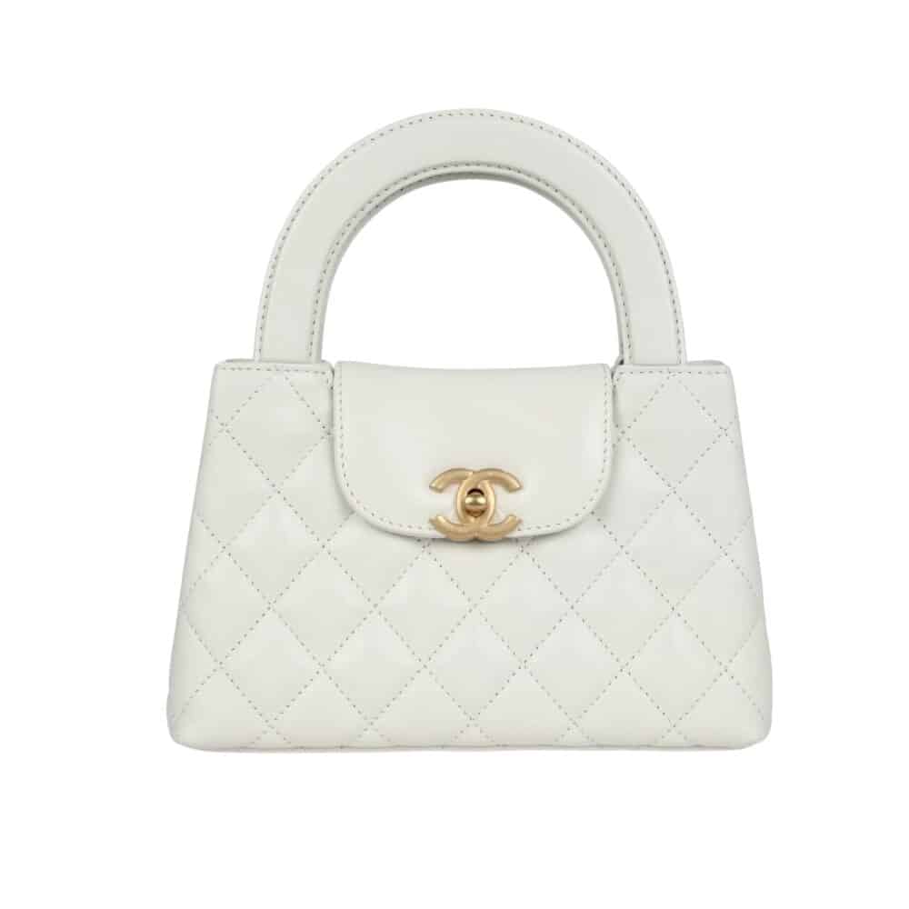 CHANEL SMALL KELLY SHOPPER SHINY AGED BRUSHED GOLD HARDWARE WHITE