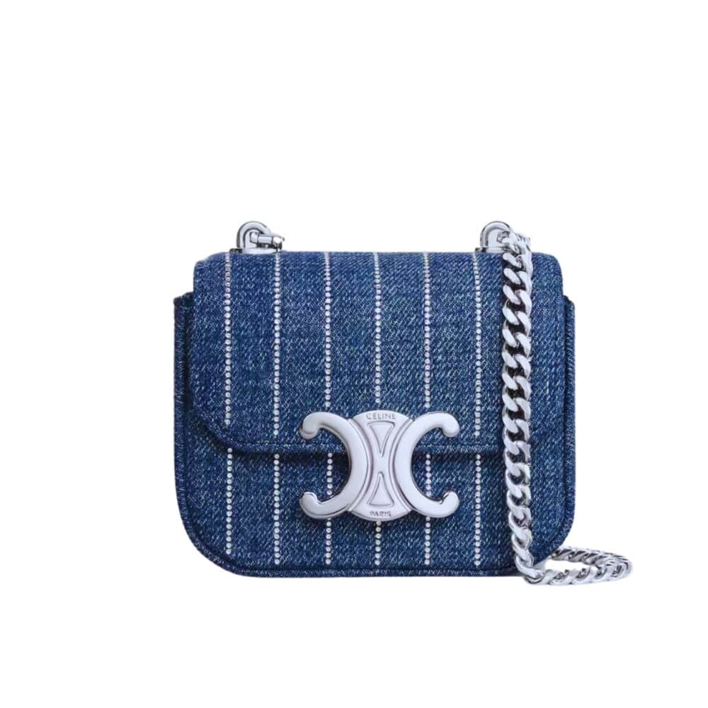 CELINE MINI CHAIN CLAUDE IN STRIPED DENIM WITH STRASS BLUE 12CM 10L842GGJ 07DD