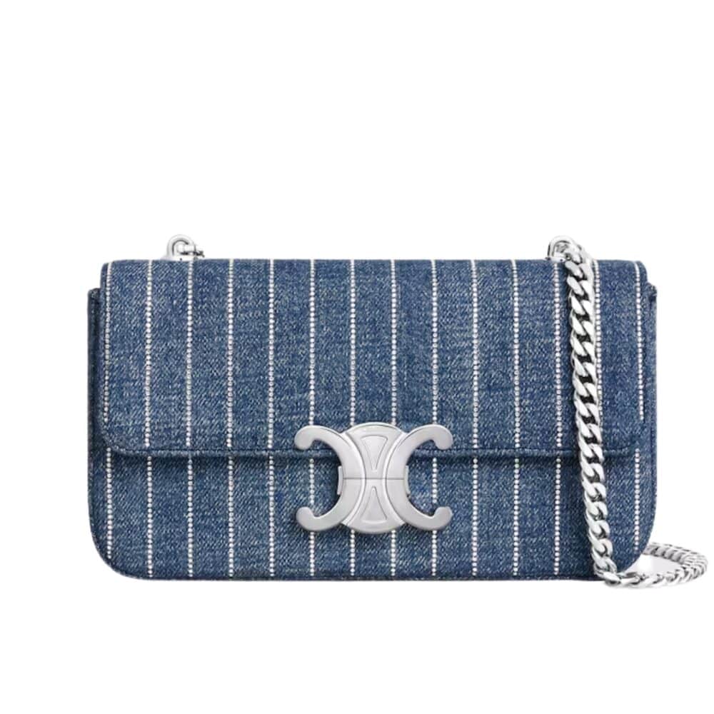 CELINE CHAIN SHOULDER BAG CLAUDE IN STRIPED DENIM WITH STRASS BLUE 20CM 115202GFG 07FX