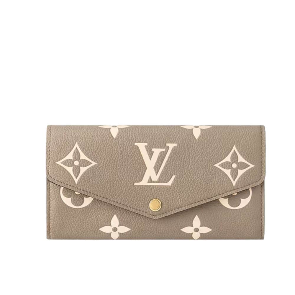 LOUIS VUITTON SARAH WALLET BICOLOR MONOGRAM EMPREINTE TOURTERELLE AND CRÈME 19CM M81049