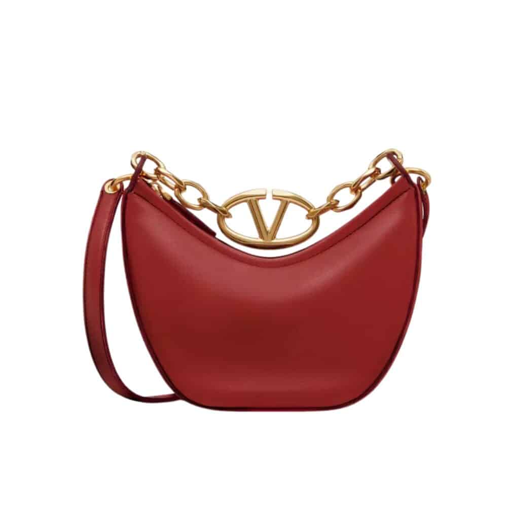 VALENTINO GARAVANI VLOGO MOON MEDIUM GRAINY HOBO BAG WITH CHAIN DARK RED 29CM 5W2B0N59JDK Y9Q