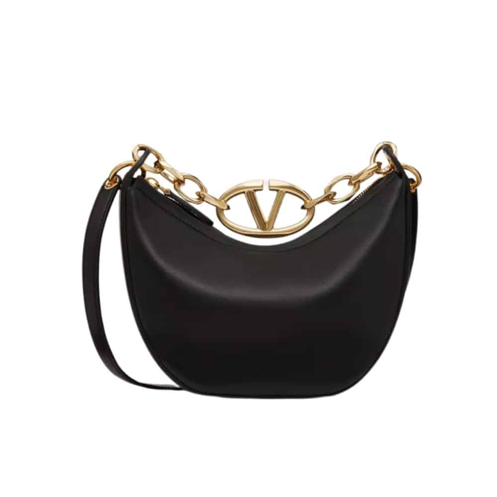 VALENTINO GARAVANI VLOGO MOON MEDIUM GRAINY HOBO BAG WITH CHAIN BLACK 29CM 4W0B0N59JDK 0NO