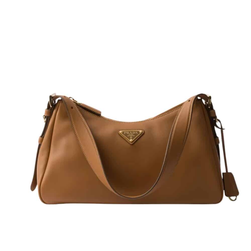 PRADA MEDIUM AIMEE ZIP LEATHER SHOULDER BAG BROWN 30CM