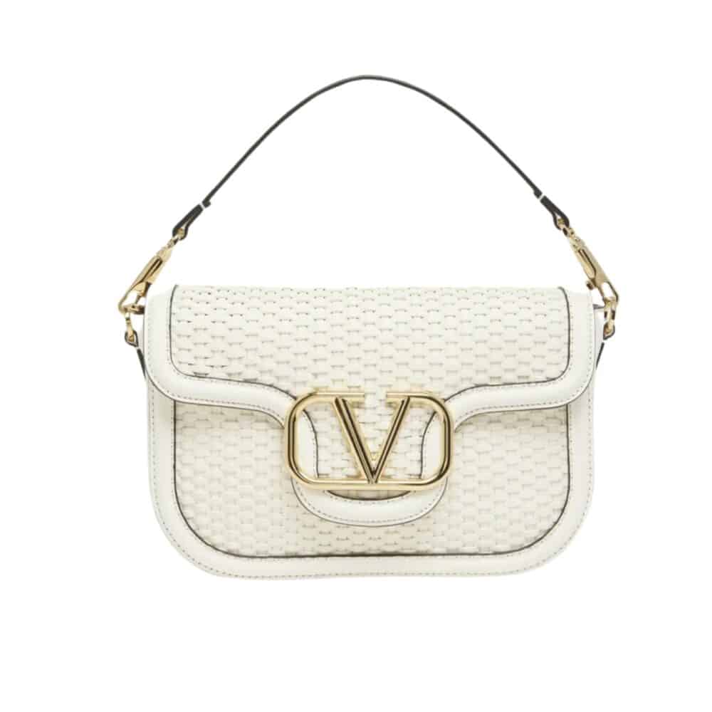 VALENTINO GARAVANI ALLTIME VLOGO WOVEN LEATHER SHOULDER BAG WHITE 22CM