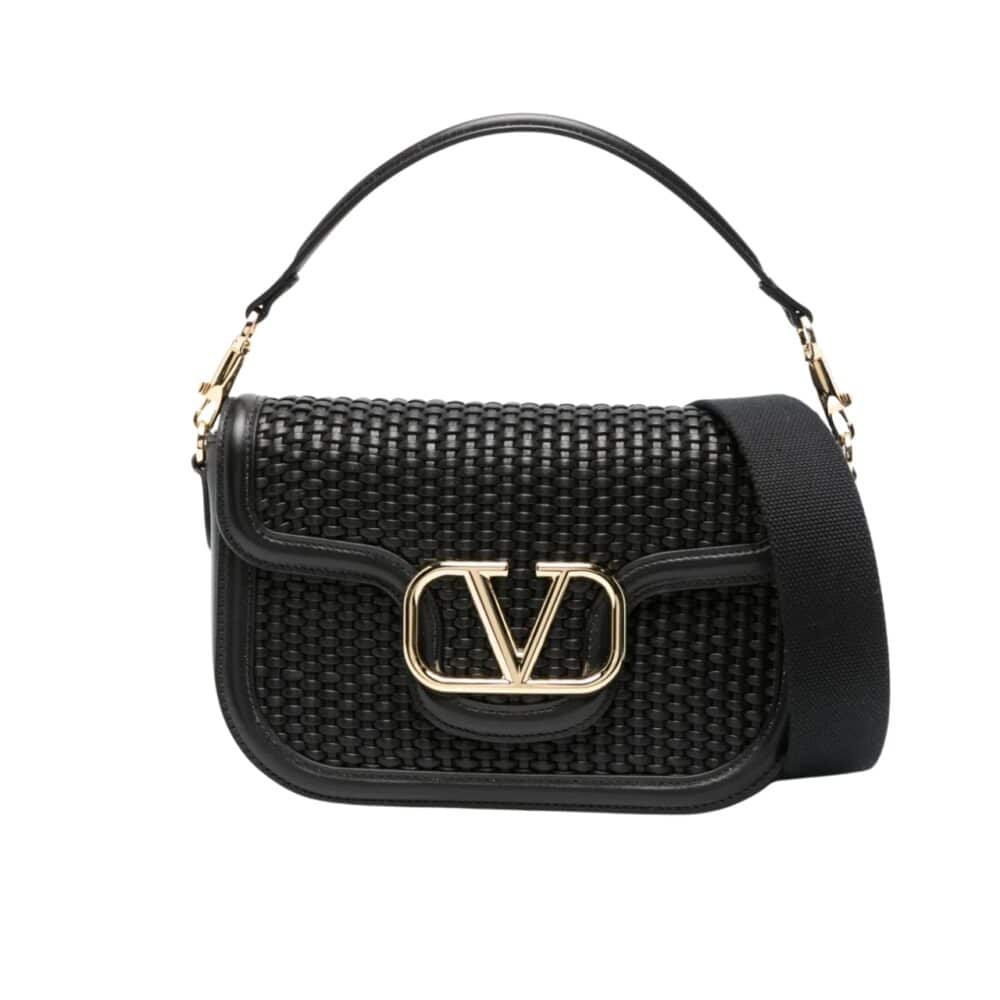 VALENTINO GARAVANI ALLTIME WOVEN LEATHER SHOULDER BAG BLACK 22CM