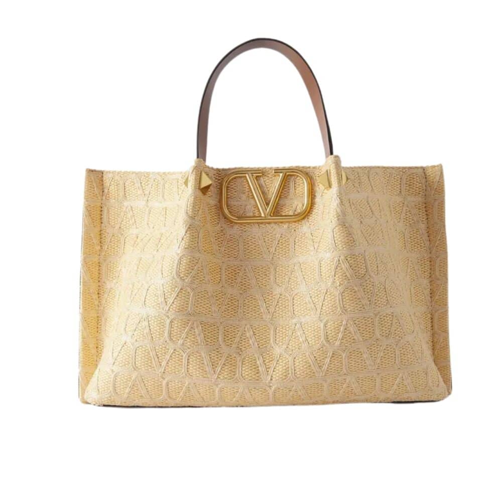 VALENTINO GARAVANI VLOGO EMBROIDERED RAFFIA TOTE BEIGE 35CM