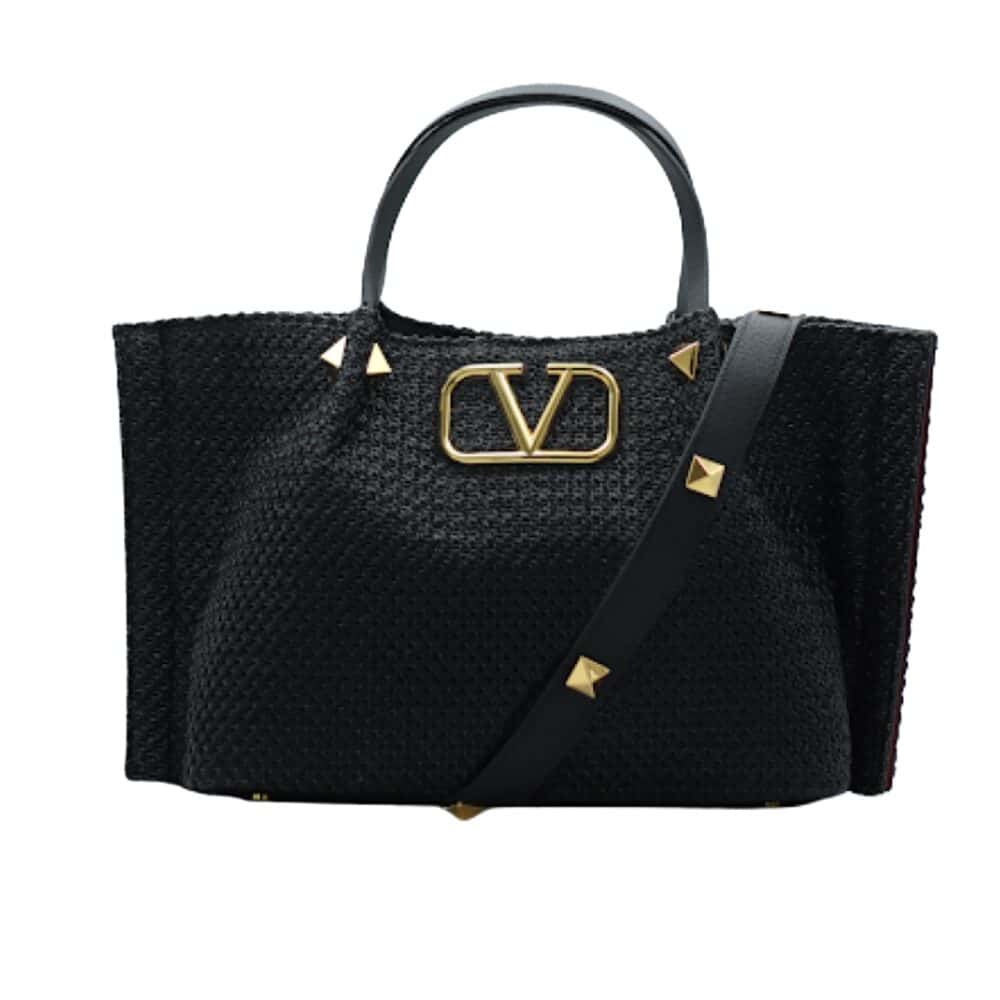 VALENTINO GARAVANI MEDIUM STRAW SUMMER TOTE BLACK 35CM